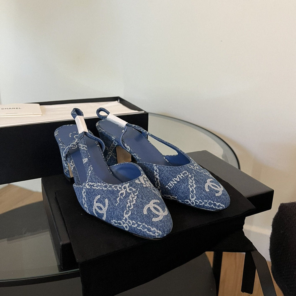 Chanel High Slingbacks Blue Denim