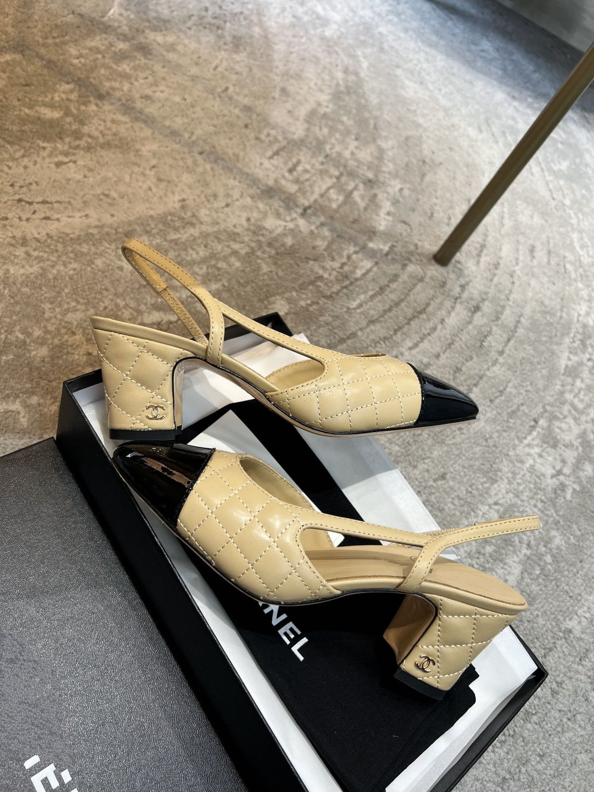 Chanel High Slingbacks Beige Quilted Lambskin