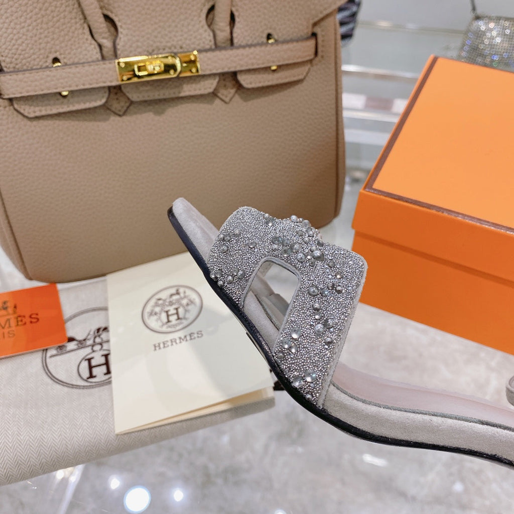 Hermes Premiere 70 Sandal in Pale Gray Suede with Crystals