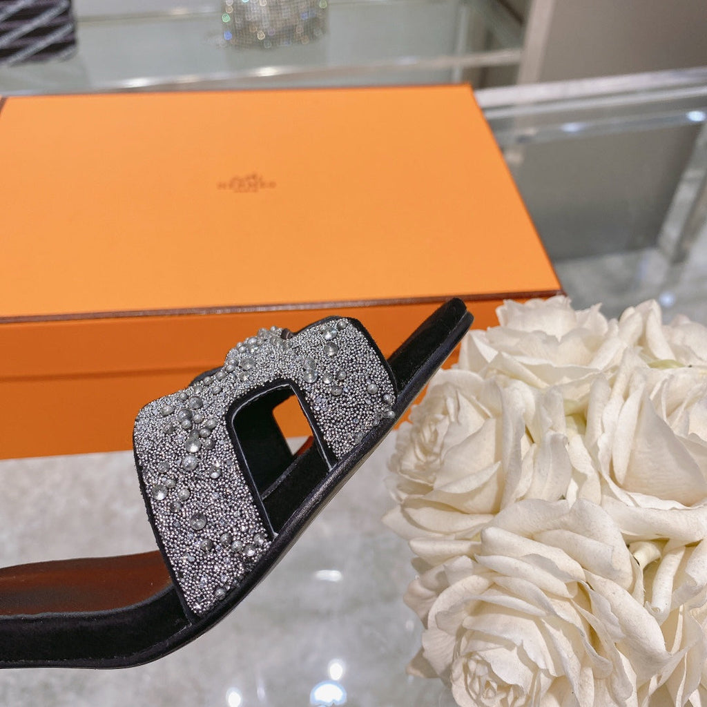 Hermes Premiere 70 Sandal in Black Suede with White Crystals