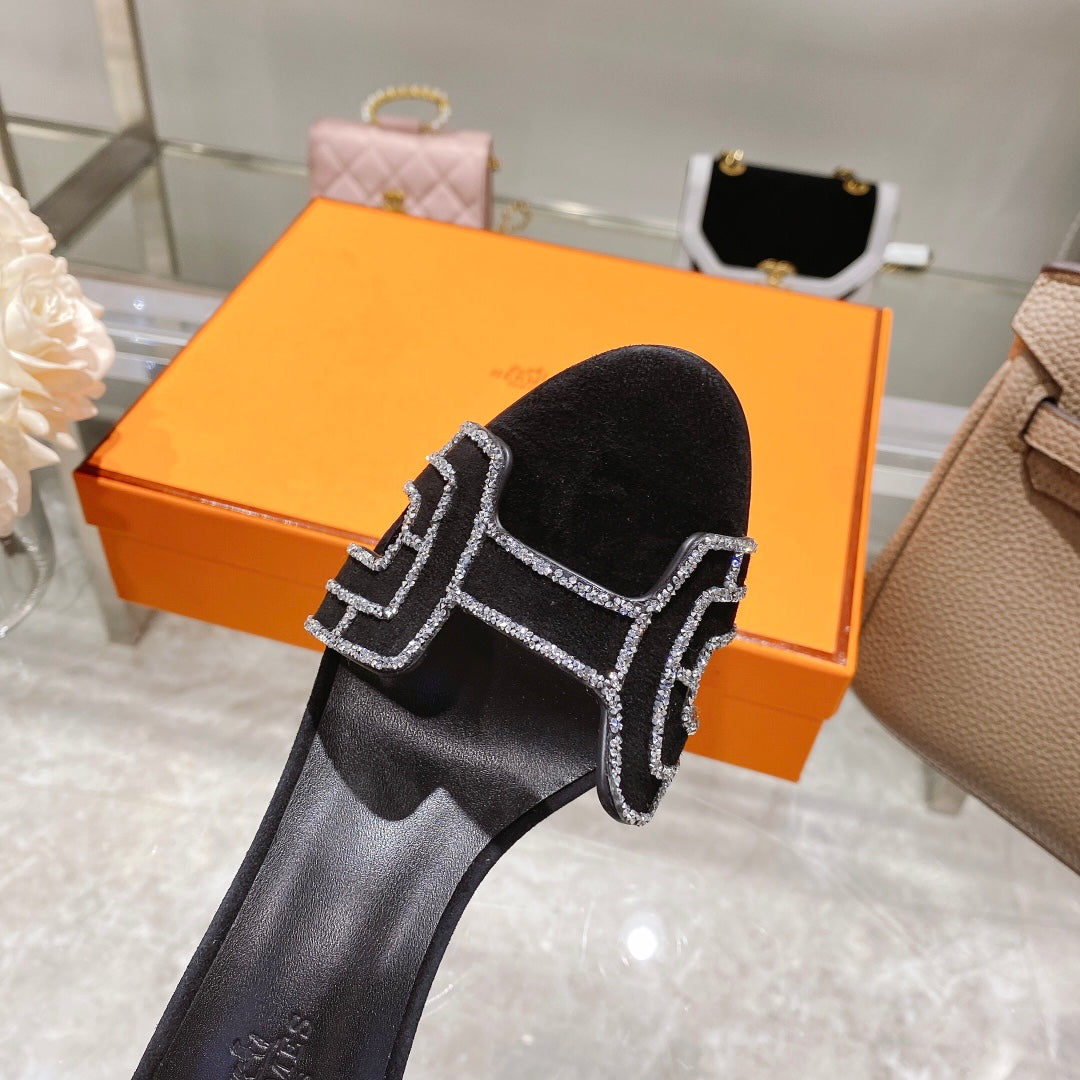 Hermes Premiere 90 Sandal in Black Suede with Rhinstones