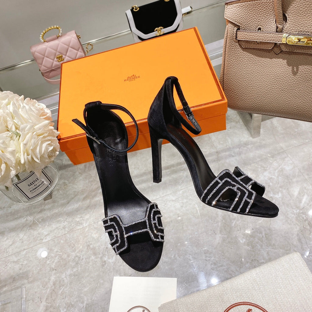 Hermes Premiere 105 Sandal in Black Suede with Rhinstones