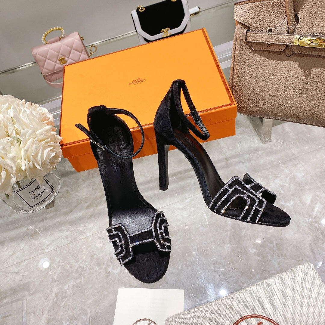 Hermes Premiere 105 Sandal in Black Suede with Rhinstones