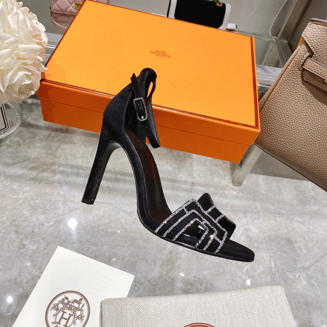 Hermes Premiere 105 Sandal in Black Suede with Rhinstones