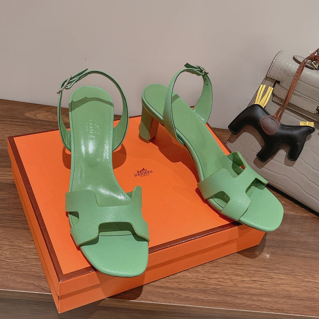 Hermes Holy 75 Sandal in Green Mint Grained Calfskin
