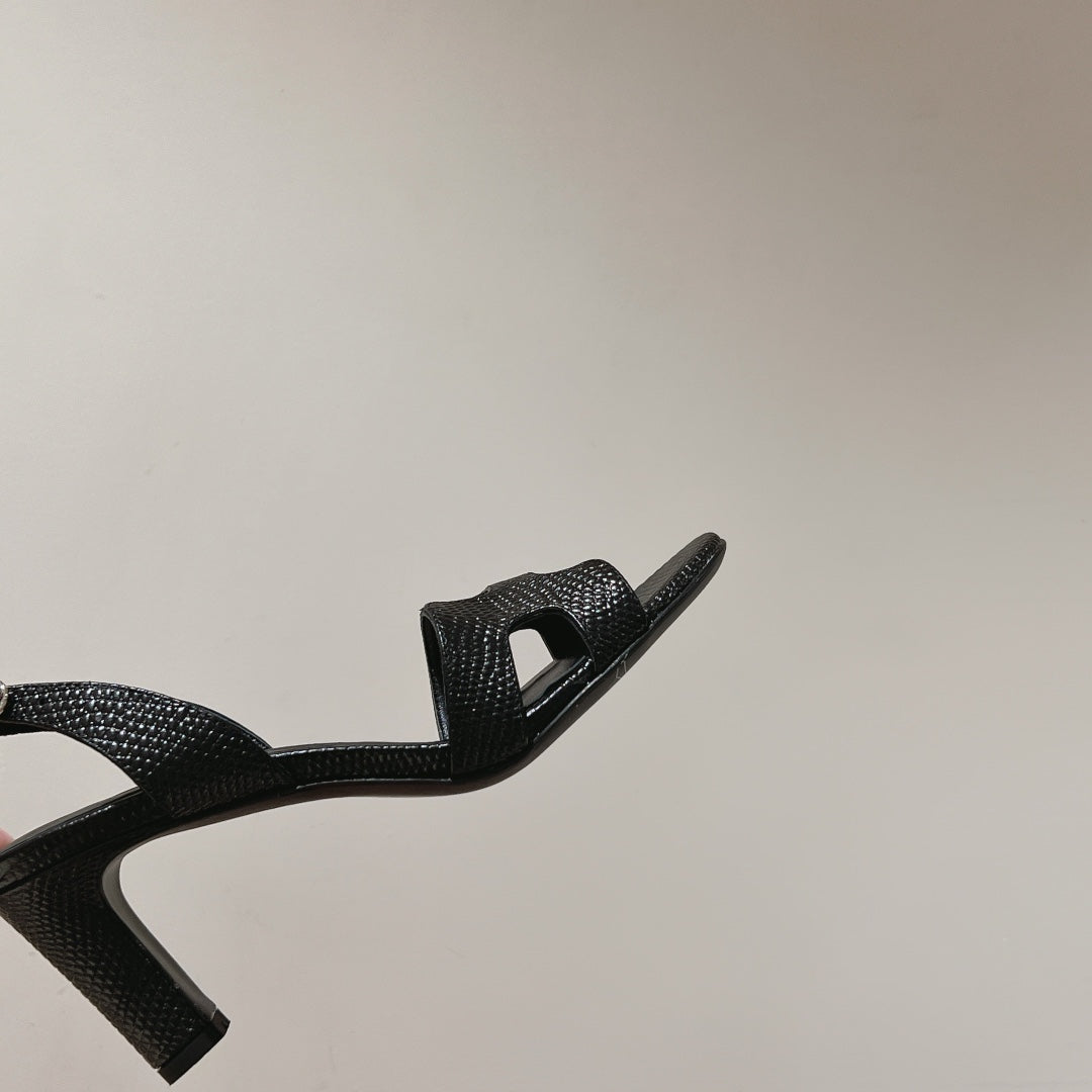 Hermes Holy 75 Sandal in Black Grained Calfskin