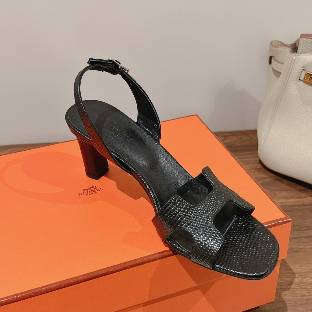 Hermes Holy 75 Sandal in Black Grained Calfskin