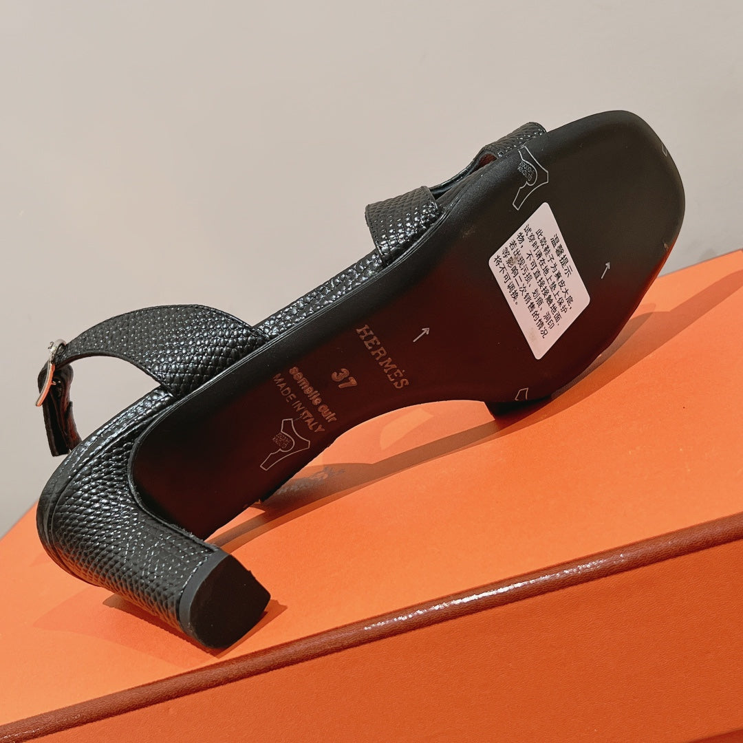 Hermes Holy 75 Sandal in Black Grained Calfskin