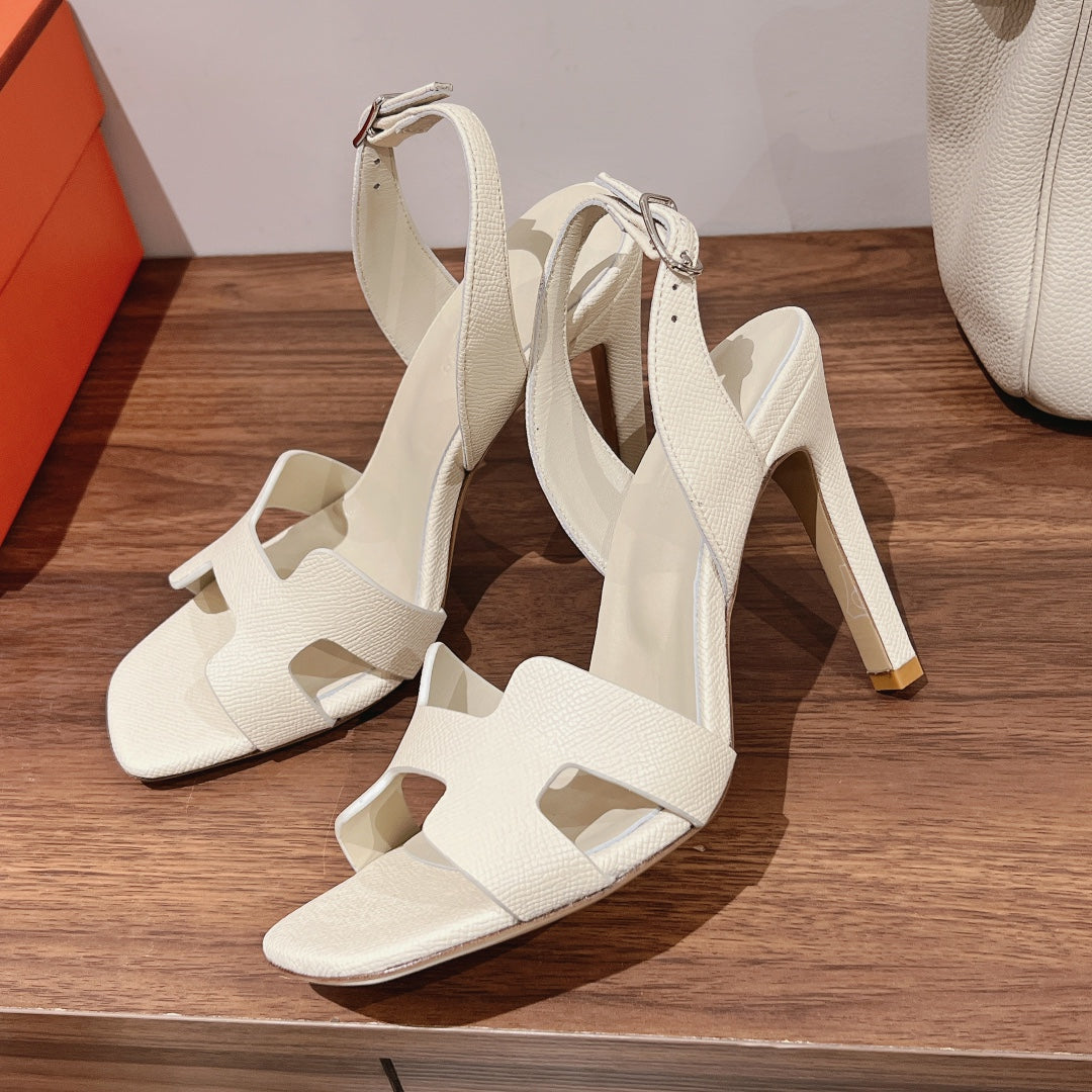 Hermes Holy 105 Sandal in White Cream Grained Calfskin