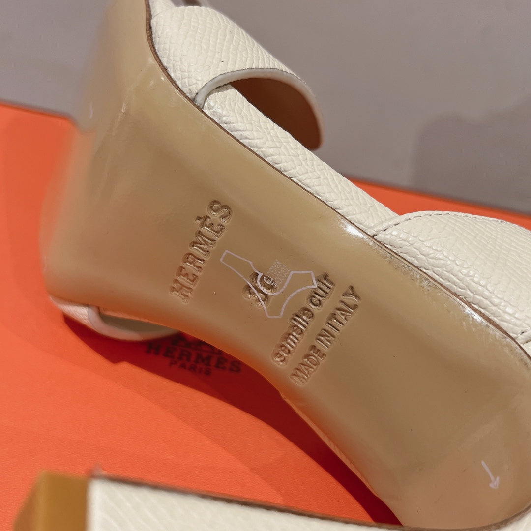 Hermes Holy 105 Sandal in White Cream Grained Calfskin