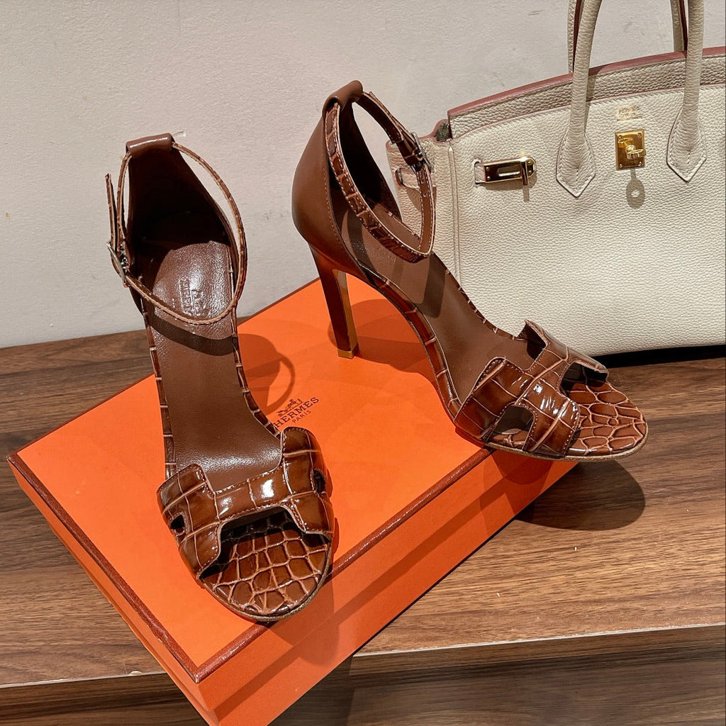 Hermes Premiere 115 Sandal in Bronze Brown Crocodile Leather