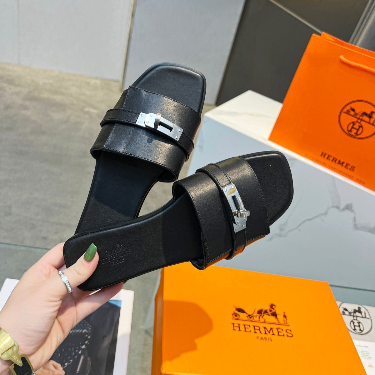 Hermes Giulia Sandal Black Calfskin