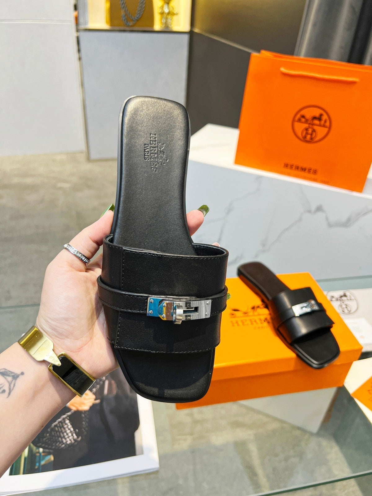 Hermes Giulia Sandal Black Calfskin