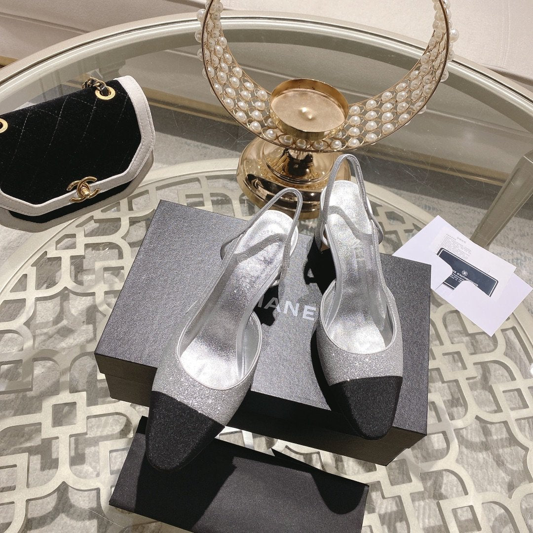 Chanel Slingback 6.5 Glitter Silver Black Grosgrain
