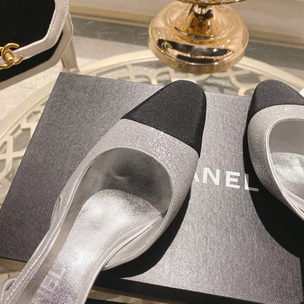 Chanel Slingback 6.5 Glitter Silver Black Grosgrain