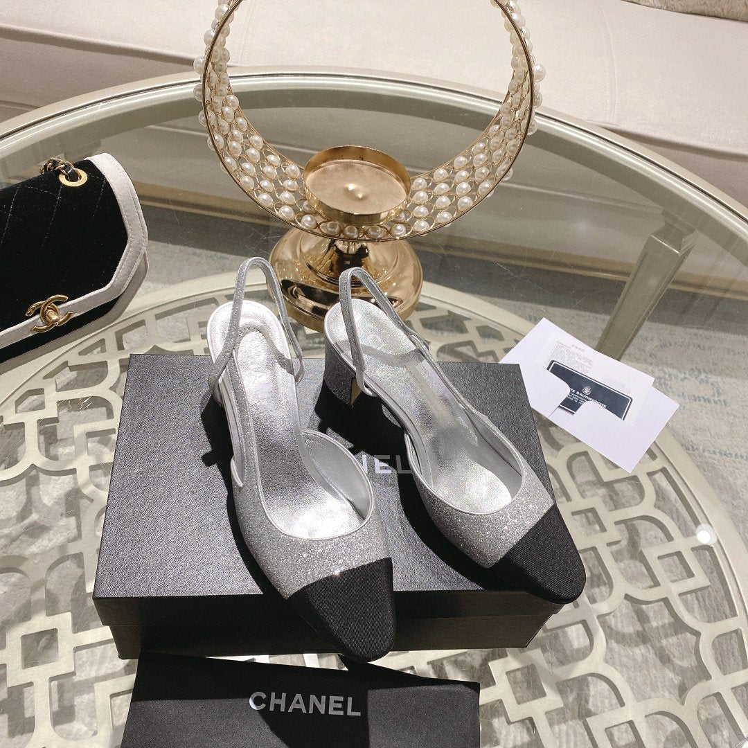Chanel Slingback 6.5 Glitter Silver Black Grosgrain