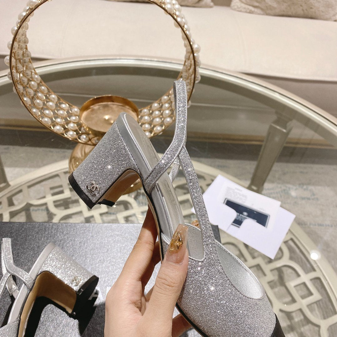 Chanel Slingback 6.5 Glitter Silver Black Grosgrain