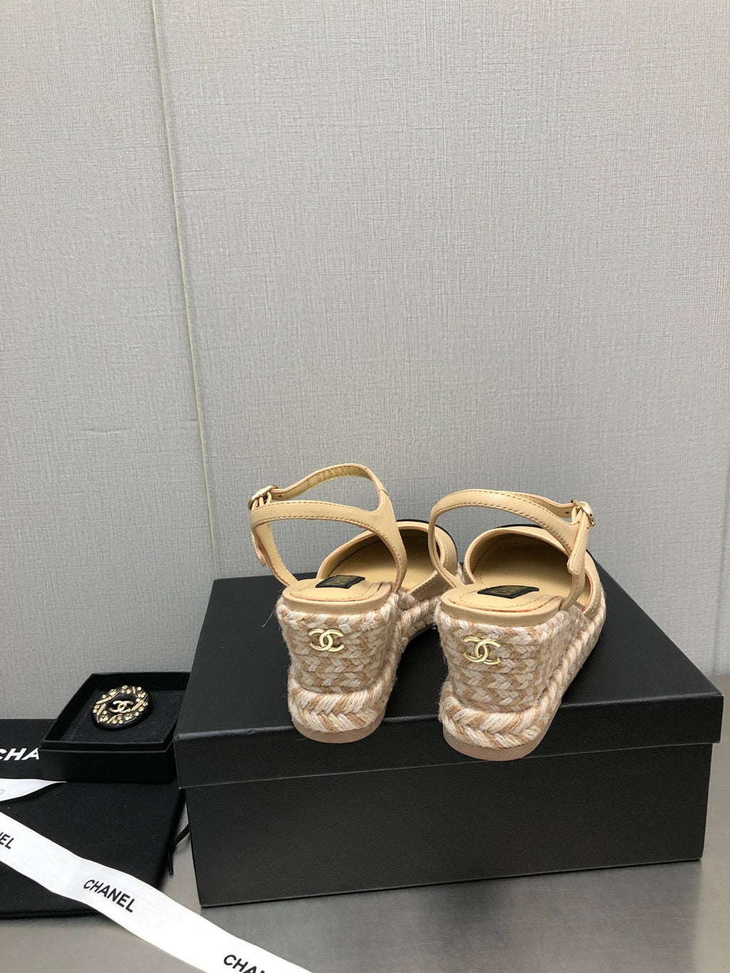 Chanel Mary Jane Wedge Beige Cream Lambskin