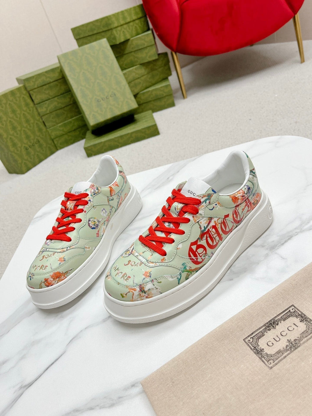 Gucci Trainer Sage Calfskin with Flowers Pattern
