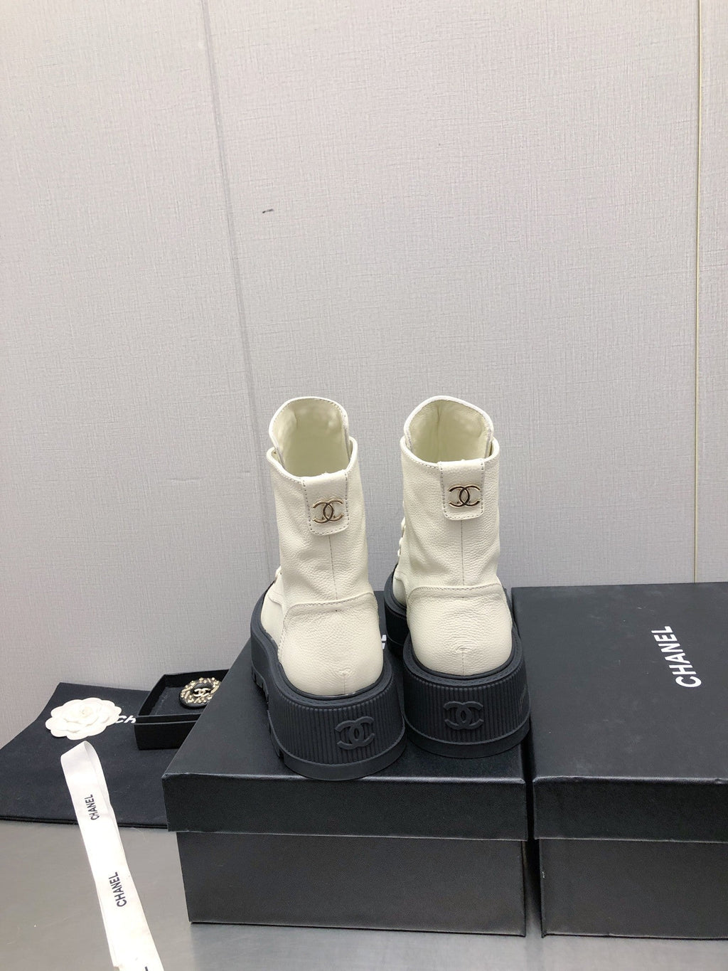 Chanel Martin Short Boots White Mix Black Lambskin