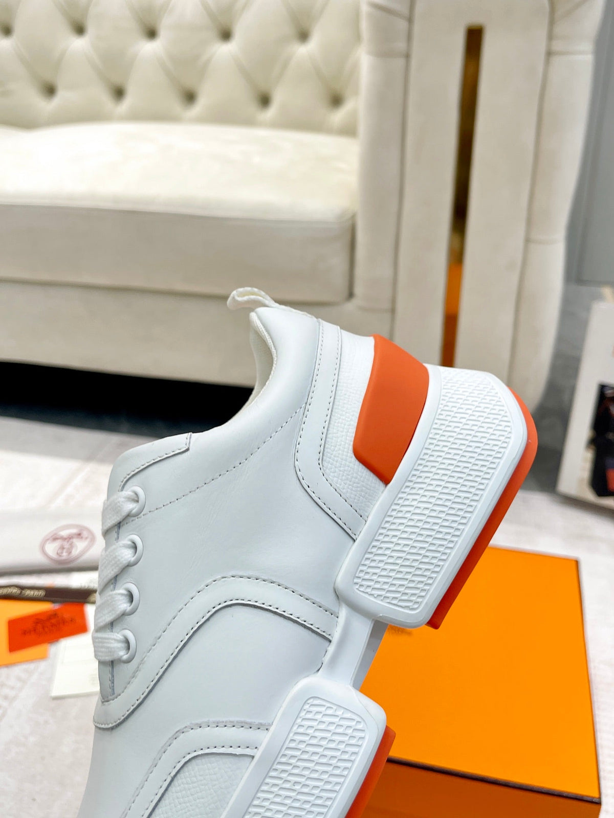 Hermes Giga Sneaker in White Stitched Mesh and Calfskin