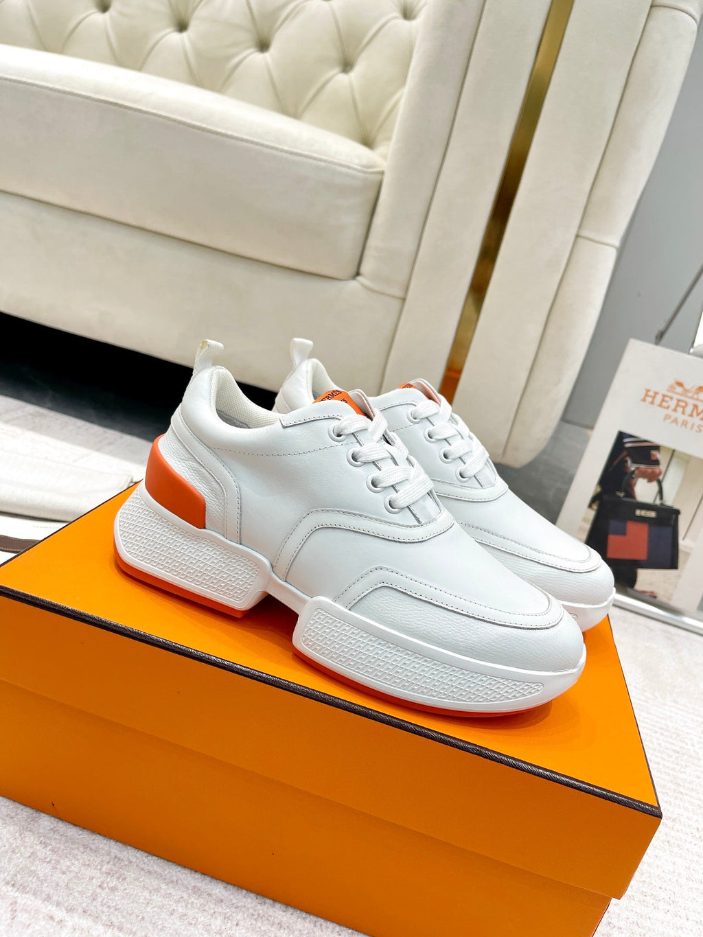 Hermes Giga Sneaker in White Stitched Mesh and Calfskin