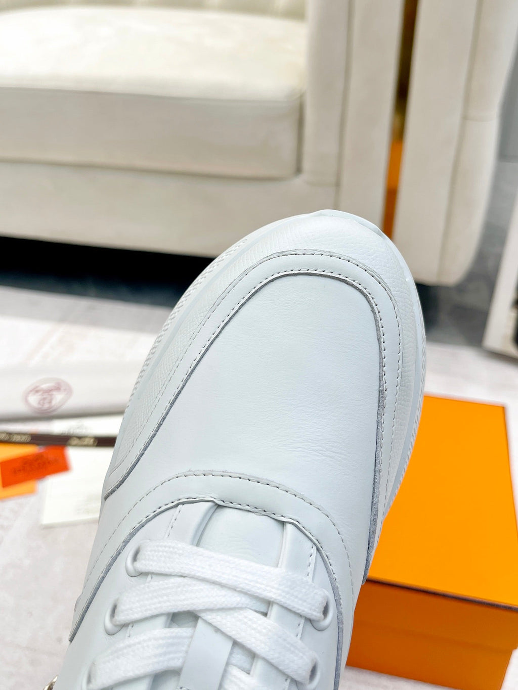 Hermes Giga Sneaker in White Stitched Mesh and Calfskin