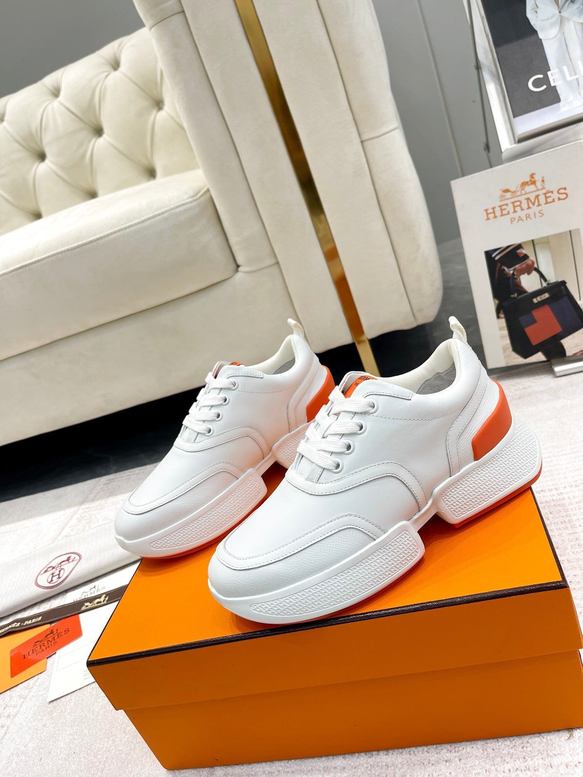 Hermes Giga Sneaker in White Stitched Mesh and Calfskin