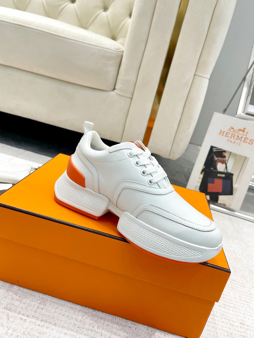 Hermes Giga Sneaker in White Stitched Mesh and Calfskin