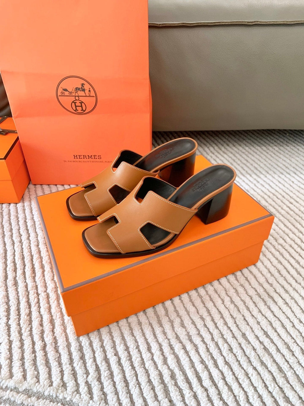 Hermes Helia 60 Sandal in Bronze Brown Calfskin