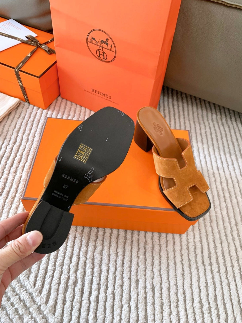Hermes Helia 60 Sandal in Bronze Brown Suede