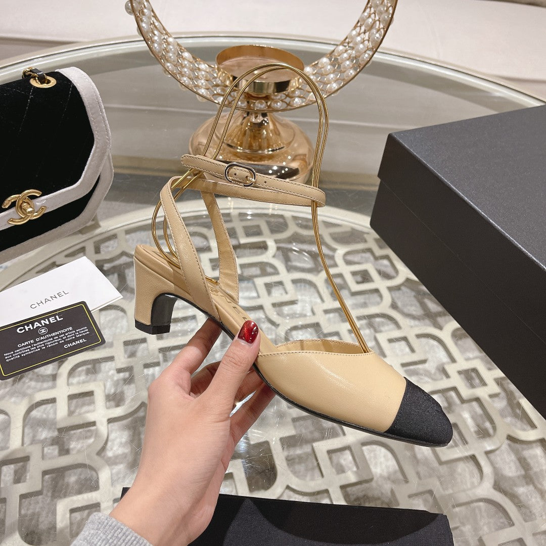 Chanel High Slingbacks Beige Black Lambskin Grosgrain
