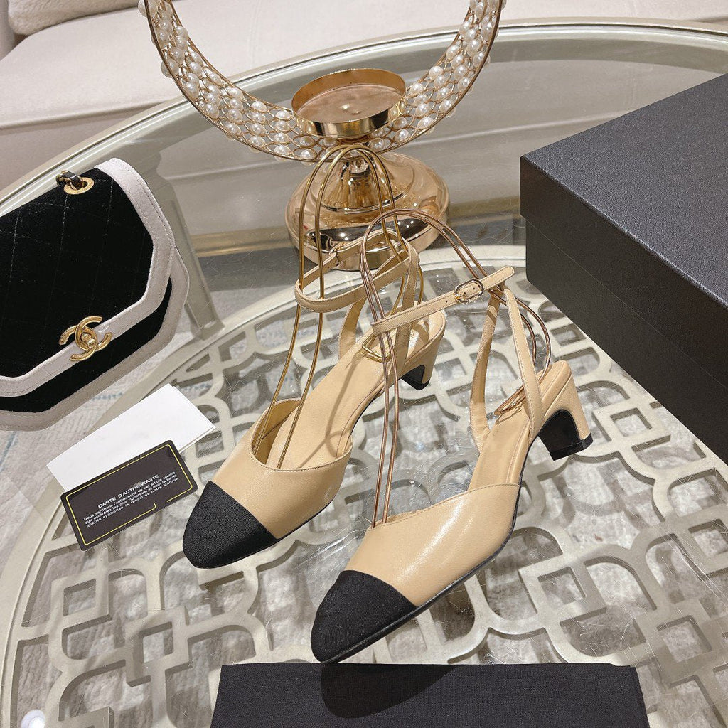 Chanel High Slingbacks Beige Black Lambskin Grosgrain