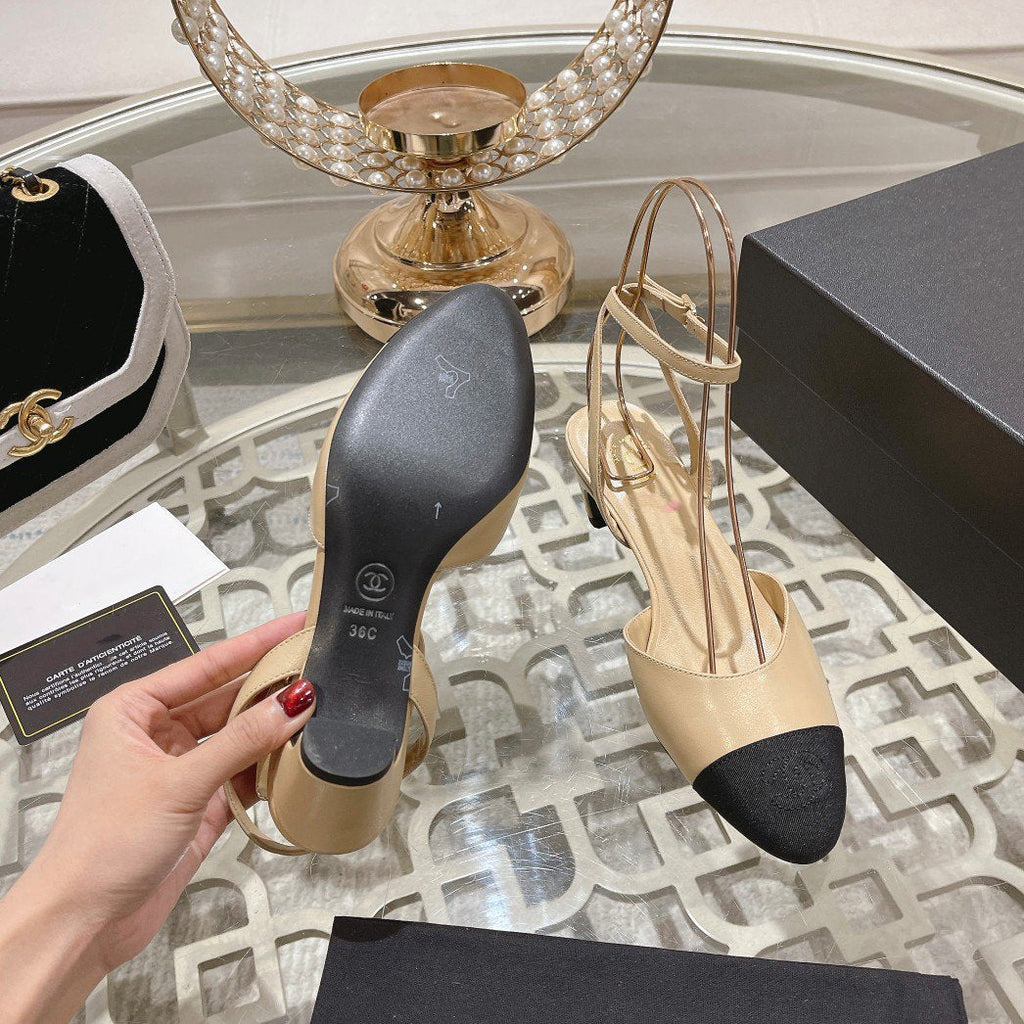 Chanel High Slingbacks Beige Black Lambskin Grosgrain