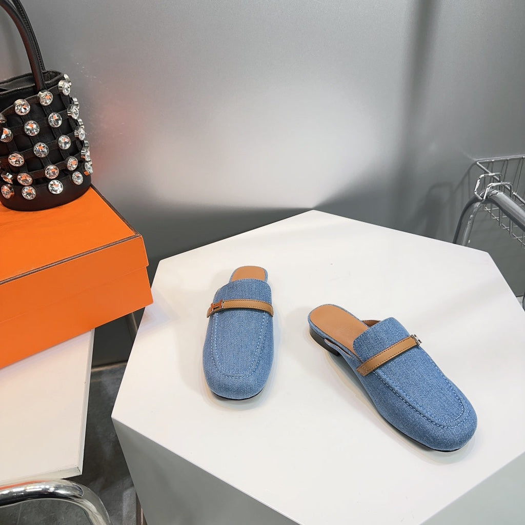 Hermes Lena Mule Blue Denim