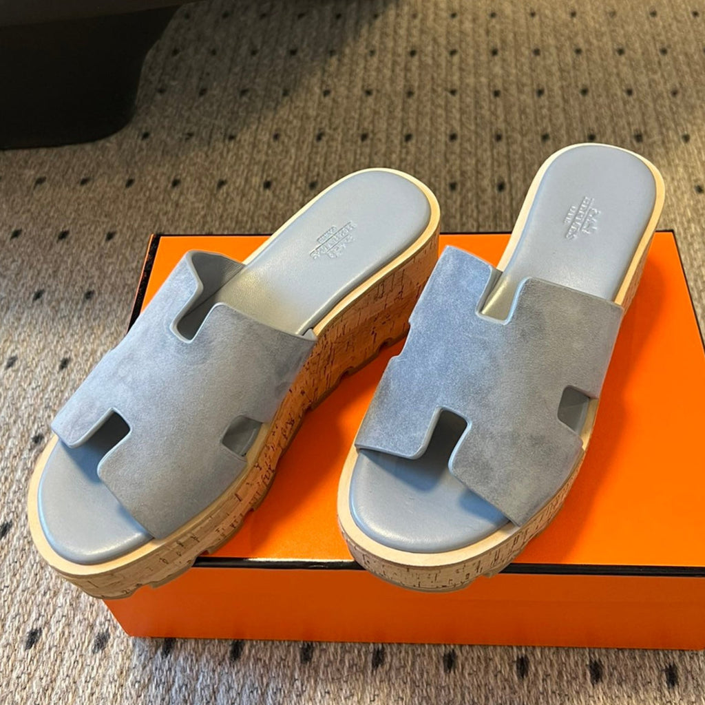 Hermes Eze Sandal Platform 85 mm in Teal Blue Suede