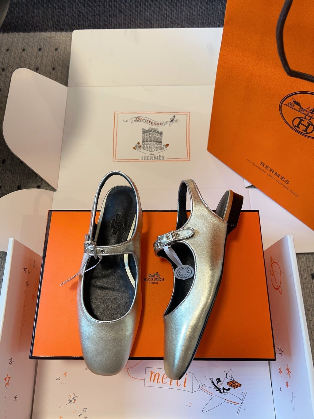 Hermes Kleo Slingback in Silver Calfskin