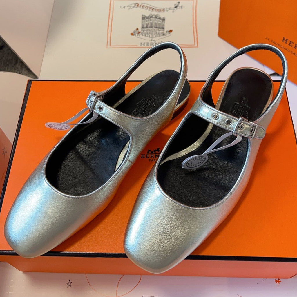 Hermes Kleo Slingback in Silver Calfskin