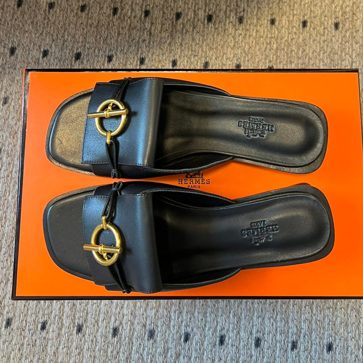 Hermes Ilot Flat Sandal in Black Calfskin