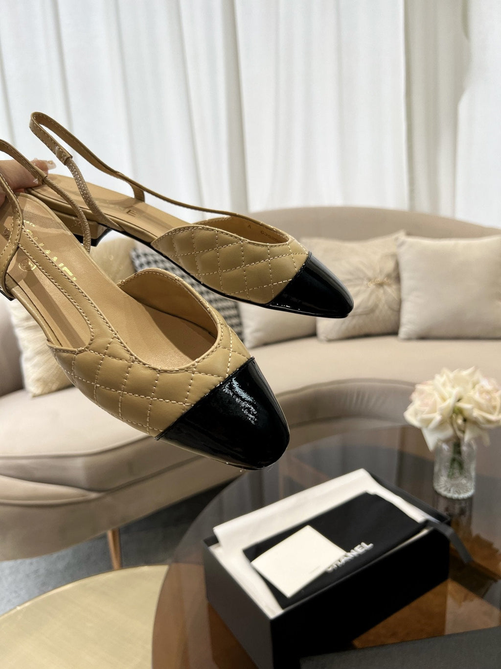 Chanel Slingbacks Beige Quilted Calfskin