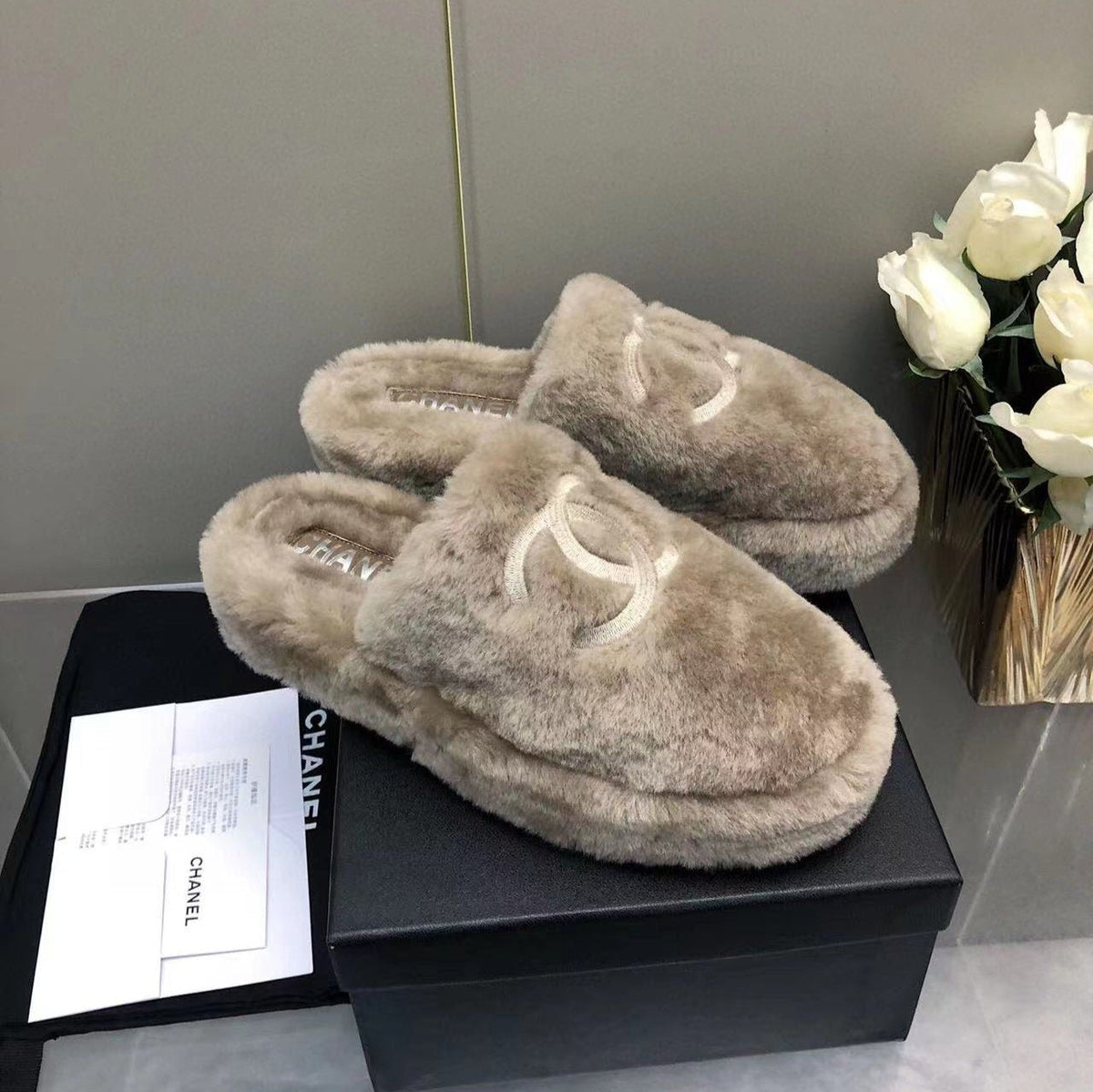 Chanel Fluffy Slippers Slides Gray