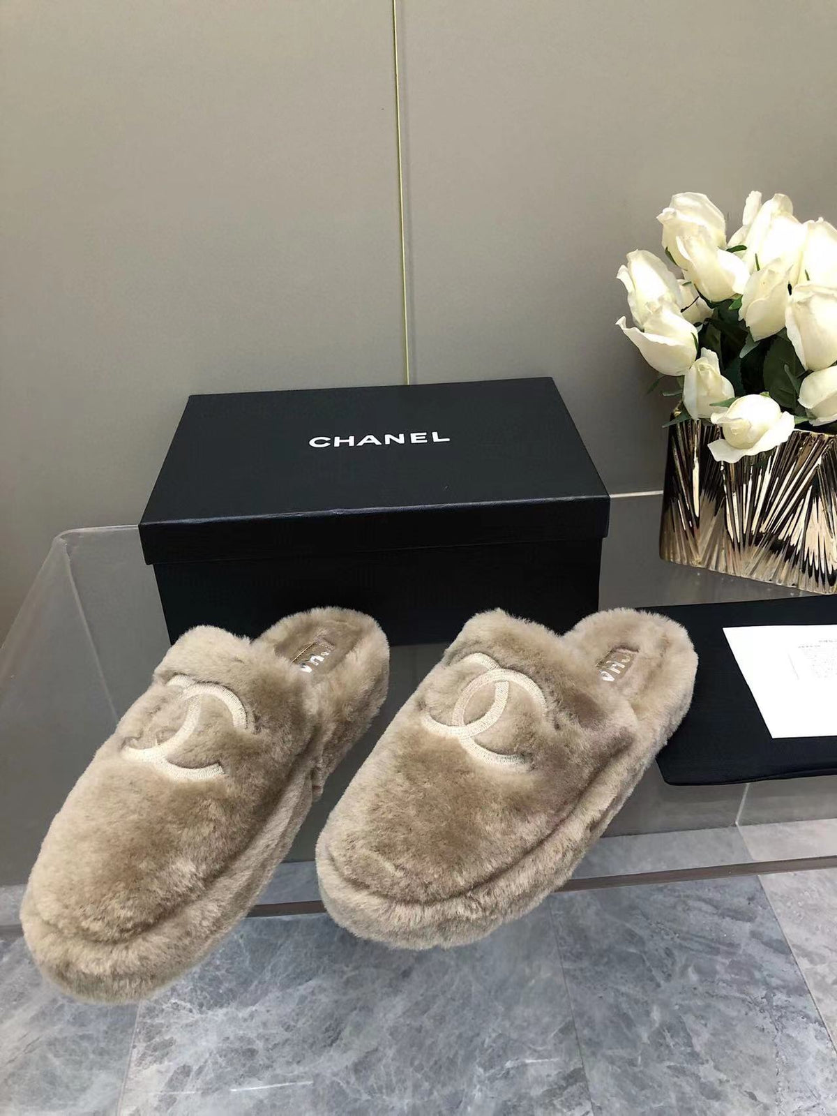 Chanel Fluffy Slippers Slides Gray