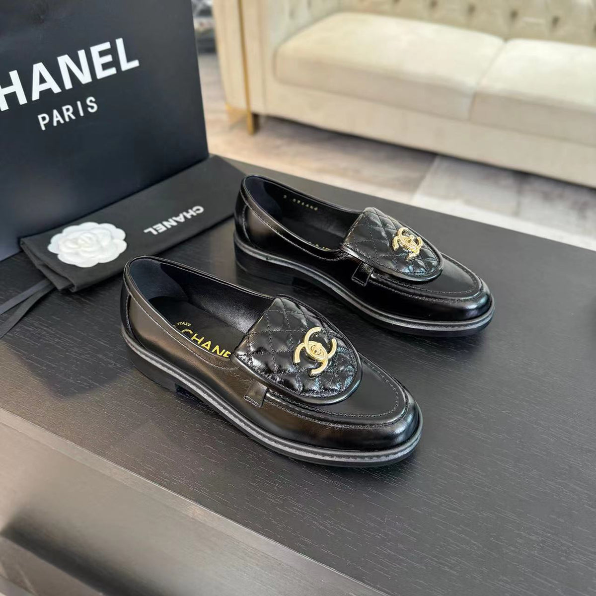 Chanel Moccasins Black Quilted Lambskin Gold Hardware