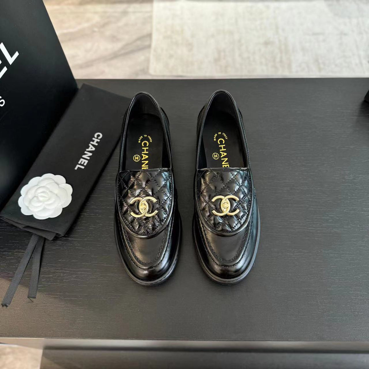 Chanel Moccasins Black Quilted Lambskin Gold Hardware