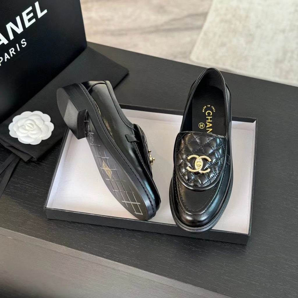 Chanel Moccasins Black Quilted Lambskin Gold Hardware