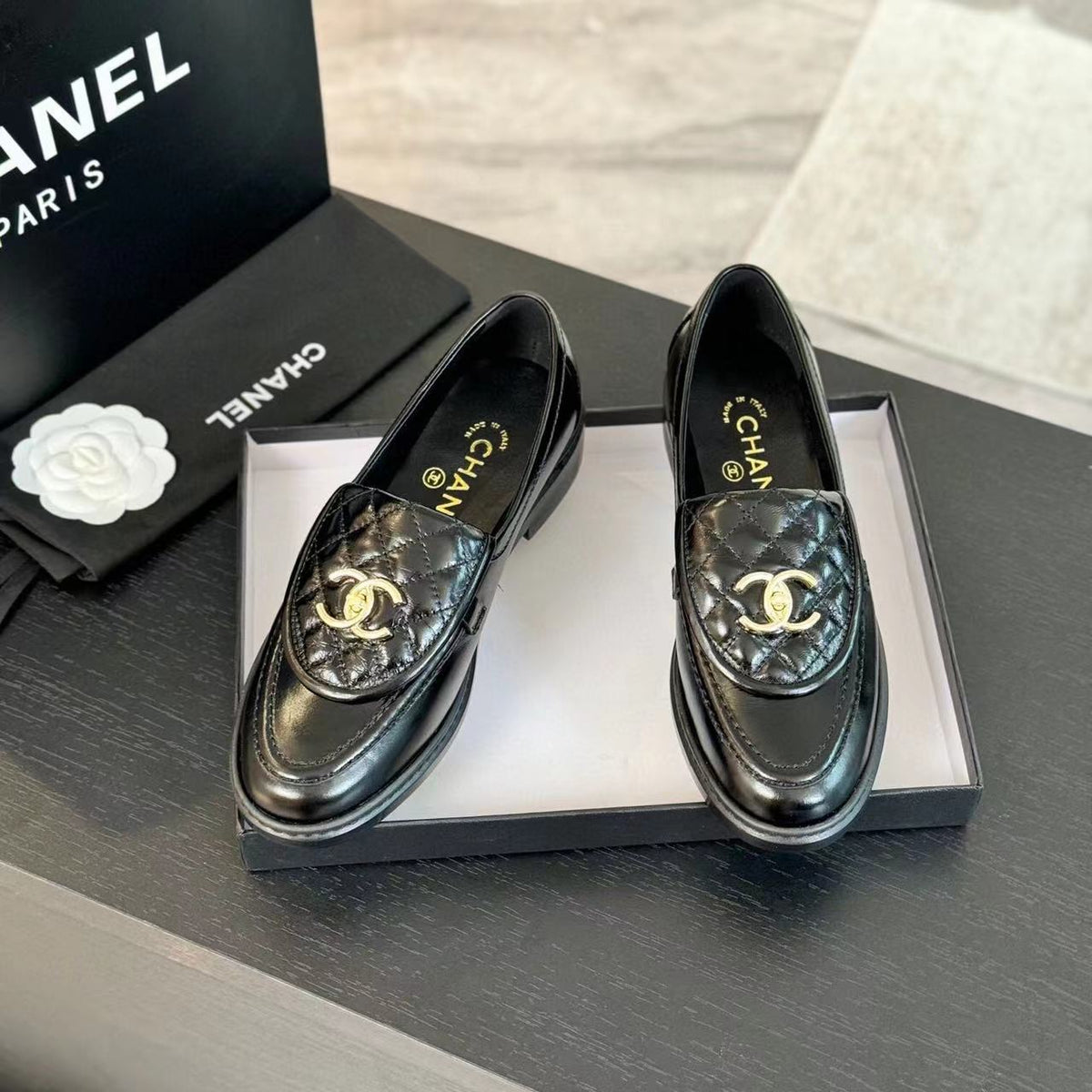 Chanel Moccasins Black Quilted Lambskin Gold Hardware