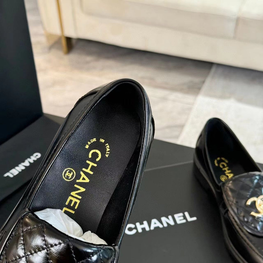Chanel Moccasins Black Quilted Lambskin Gold Hardware