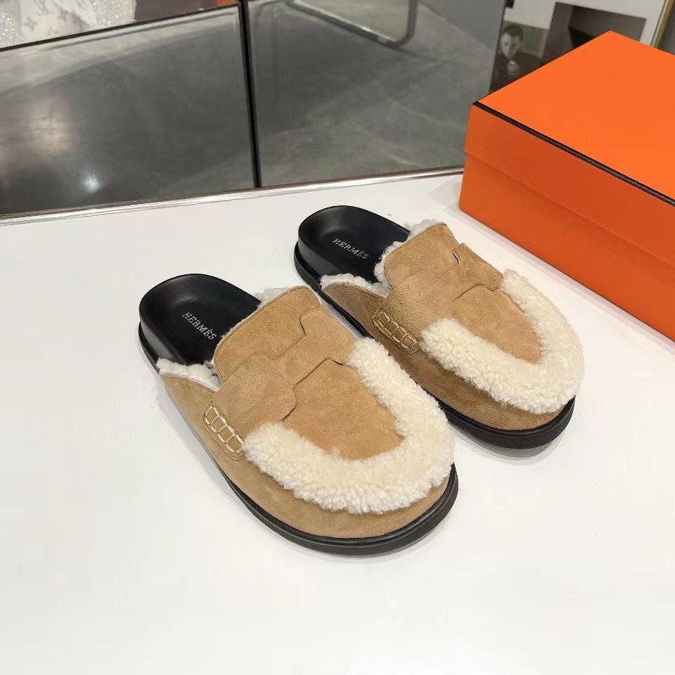Hermes G0 Mule Beige Suede Shearling