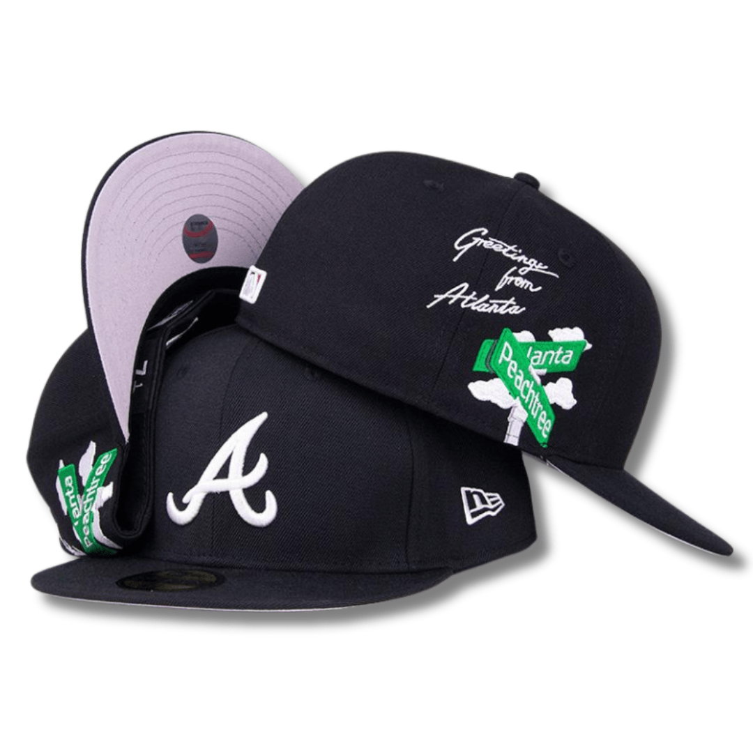 Atlanta Braves Fitted Hat with Peachtree Street Patch and "Greetings from Atlanta" Design - Black