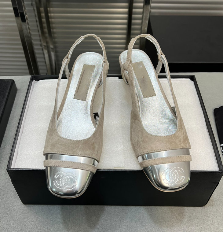 Chanel Slingback Light Beige Suede Silver Metalic Lambskin Square Toe 5.0